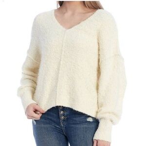 Free People Fuzzy Soft Ivory V Neck Sweater